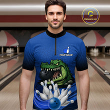 Load image into Gallery viewer, Funny Blue Alligator Bowling Polo, Quarter Zip shirts for Men Custom Team bowling league jersey NQS10630
