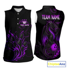 Load image into Gallery viewer, Black And Purple Flame Custom Dragon Bowling sleeveless polo Team Shirts, Bowling Uniform Outfit NQS9963