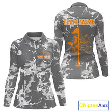 Load image into Gallery viewer, Gray Camo Orange Disc Golf basket Womens Disc golf polo shirt Custom team disc golf jerseys NQS9975