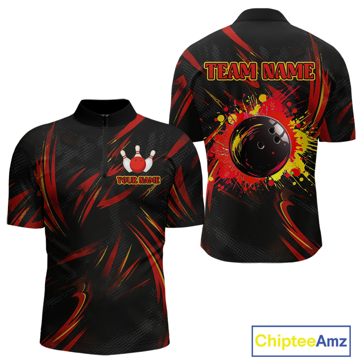 Black and Red Camo Mens Bowling Polo, Quarter Zip shirts custom Bowler Outfits bowling team jerseys NQS10155