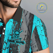 Load image into Gallery viewer, Custom Turquoise Grunge American Flag Patriotic Skull Golf Shirt For Men, Retro Mens Golf top NQS10481