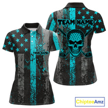 Load image into Gallery viewer, Custom Turquoise Grunge American Flag Patriotic Skull Golf Shirt For Women, Retro Ladies Golf top NQS10481