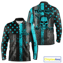 Load image into Gallery viewer, Custom Turquoise Grunge American Flag Patriotic Skull Golf Shirt For Men, Retro Mens Golf top NQS10481