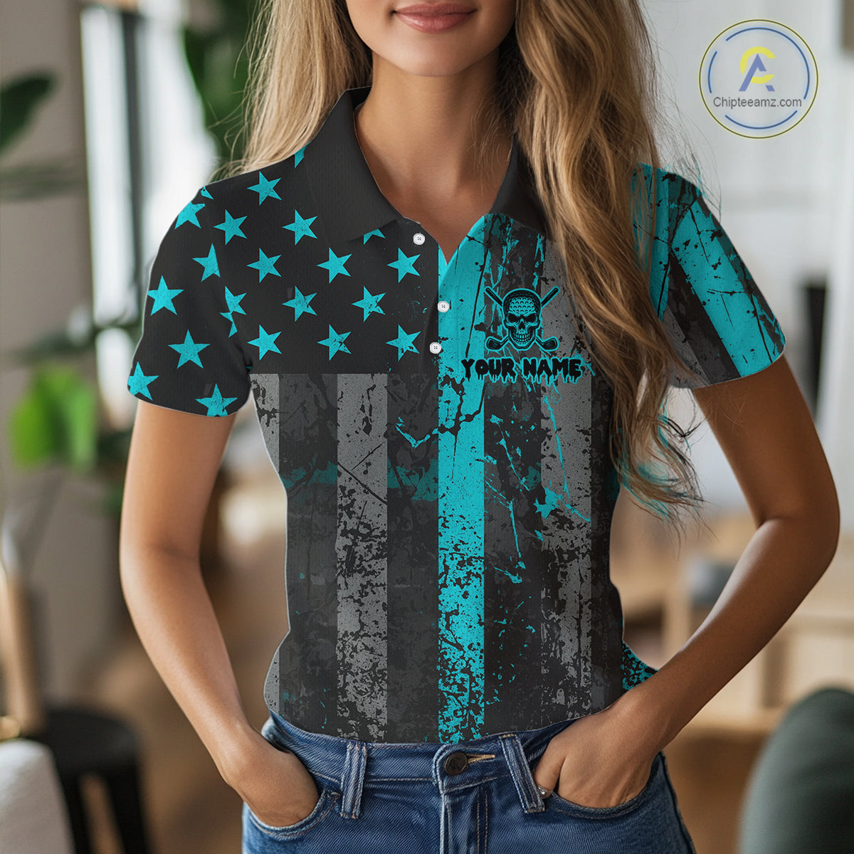 Custom Turquoise Grunge American Flag Patriotic Skull Golf Shirt For Women, Retro Ladies Golf top NQS10481
