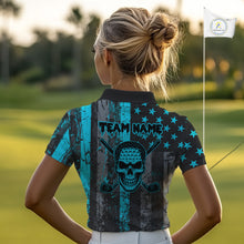 Load image into Gallery viewer, Custom Turquoise Grunge American Flag Patriotic Skull Golf Shirt For Women, Retro Ladies Golf top NQS10481