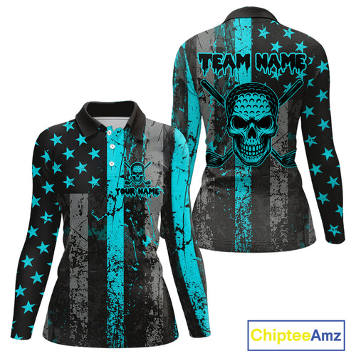 Custom Turquoise Grunge American Flag Patriotic Skull Golf Shirt For Women, Retro Ladies Golf top NQS10481
