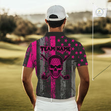 Load image into Gallery viewer, Custom Pink Grunge American Flag Patriotic Skull Golf Shirt For Men, Retro Mens Golf top NQS10482