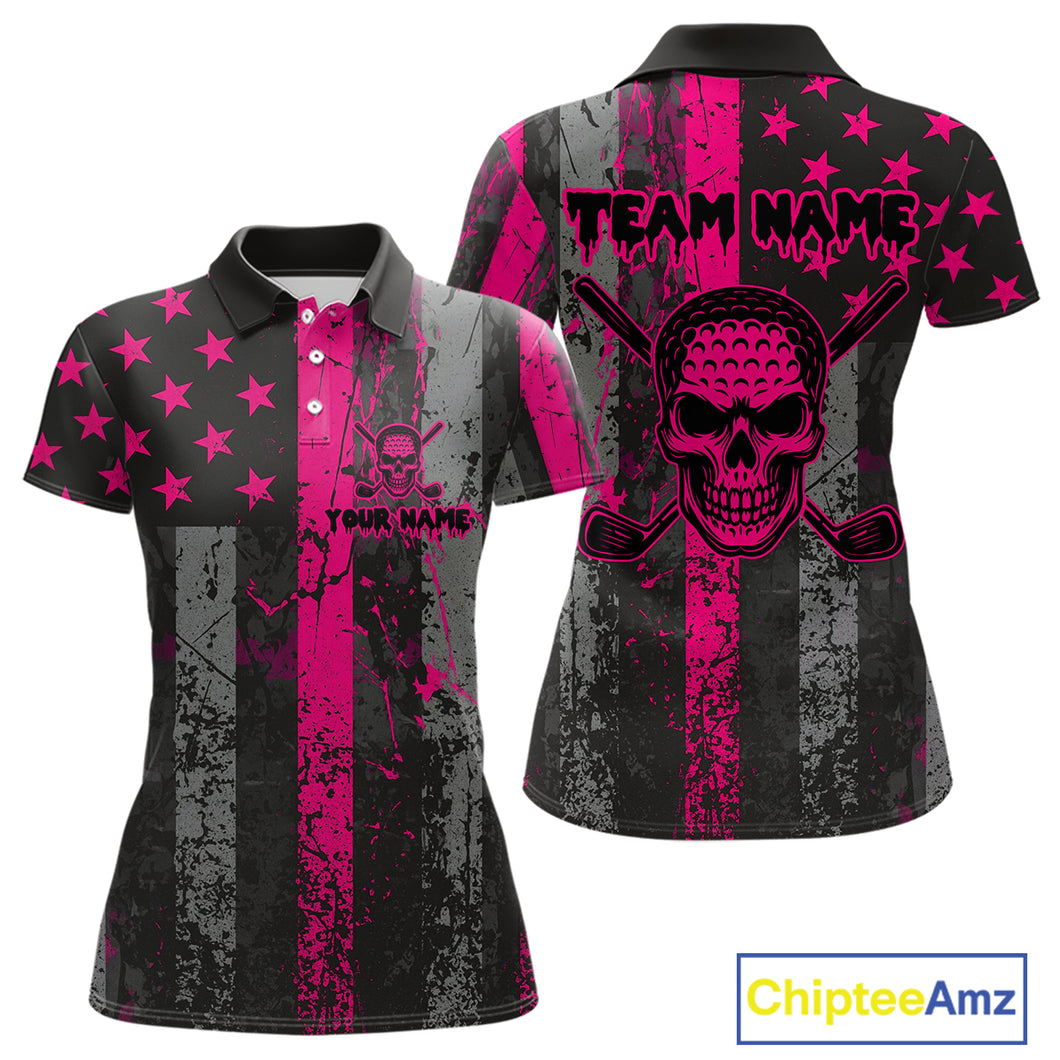 Custom Pink Grunge American Flag Patriotic Skull Golf Shirt For Women, Retro Ladies Golf top NQS10482