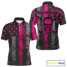Load image into Gallery viewer, Custom Pink Grunge American Flag Patriotic Skull Golf Shirt For Men, Retro Mens Golf top NQS10482