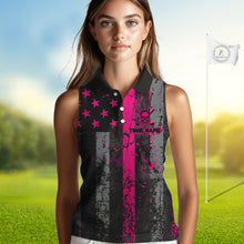Load image into Gallery viewer, Custom Pink Grunge American Flag Patriotic Skull Sleeveless Golf Polo Shirt, Retro Golf top NQS10482