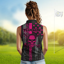 Load image into Gallery viewer, Custom Pink Grunge American Flag Patriotic Skull Sleeveless Golf Polo Shirt, Retro Golf top NQS10482