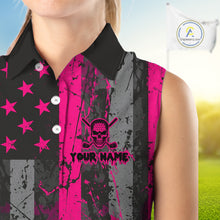 Load image into Gallery viewer, Custom Pink Grunge American Flag Patriotic Skull Sleeveless Golf Polo Shirt, Retro Golf top NQS10482