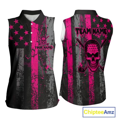 Custom Pink Grunge American Flag Patriotic Skull Sleeveless Golf Polo Shirt, Retro Golf top NQS10482