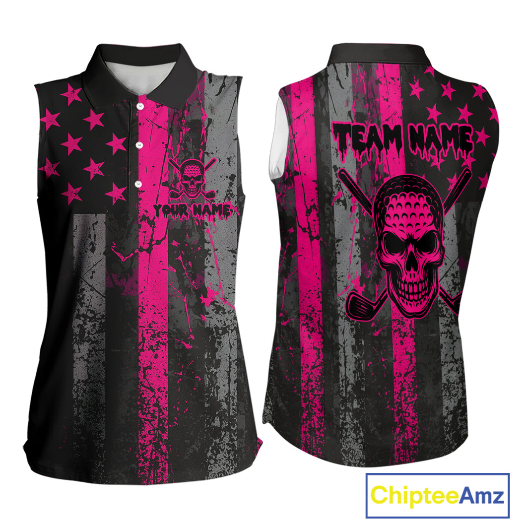 Custom Pink Grunge American Flag Patriotic Skull Sleeveless Golf Polo Shirt, Retro Golf top NQS10482