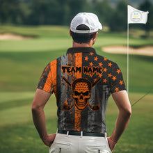 Load image into Gallery viewer, Custom Orange Grunge American Flag Patriotic Skull Halloween Golf Shirt For Men, Retro Mens Golf top NQS10483