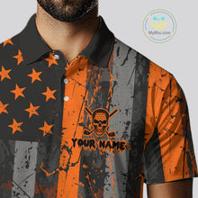 Load image into Gallery viewer, Custom Orange Grunge American Flag Patriotic Skull Halloween Golf Shirt For Men, Retro Mens Golf top NQS10483