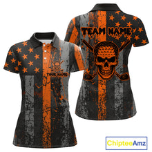 Load image into Gallery viewer, Custom Orange Grunge American Flag Patriotic Skull Halloween Golf Shirt For Women, Ladies Golf top NQS10483