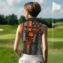 Load image into Gallery viewer, Custom Orange Grunge American Flag Patriotic Skull Halloween Sleeveless Polo Shirt, Retro Golf top NQS10483