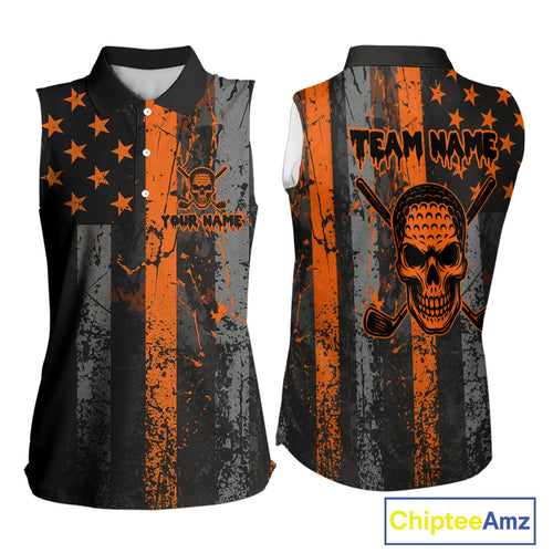 Custom Orange Grunge American Flag Patriotic Skull Halloween Sleeveless Polo Shirt, Retro Golf top NQS10483