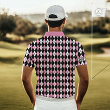 Load image into Gallery viewer, Black and Pink ribbons argyle pattern Mens golf polo shirt Custom Breast Cancer Awareness golf outfit NQS10513