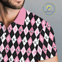 Load image into Gallery viewer, Black and Pink ribbons argyle pattern Mens golf polo shirt Custom Breast Cancer Awareness golf outfit NQS10513