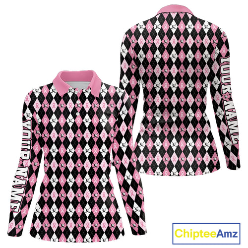 Black & Pink ribbons argyle pattern Women golf polo shirt Custom Breast Cancer Awareness golf outfit NQS10513