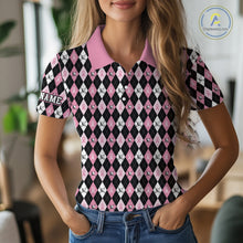 Load image into Gallery viewer, Black &amp; Pink ribbons argyle pattern Women golf polo shirt Custom Breast Cancer Awareness golf outfit NQS10513