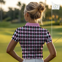 Load image into Gallery viewer, Black &amp; Pink ribbons argyle pattern Women golf polo shirt Custom Breast Cancer Awareness golf outfit NQS10513