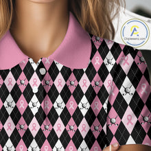Load image into Gallery viewer, Black &amp; Pink ribbons argyle pattern Women golf polo shirt Custom Breast Cancer Awareness golf outfit NQS10513