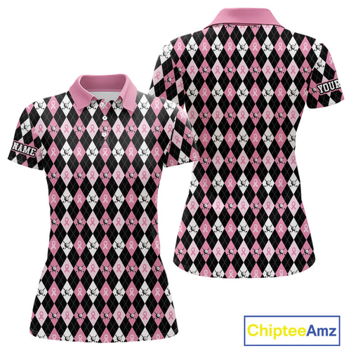 Black & Pink ribbons argyle pattern Women golf polo shirt Custom Breast Cancer Awareness golf outfit NQS10513
