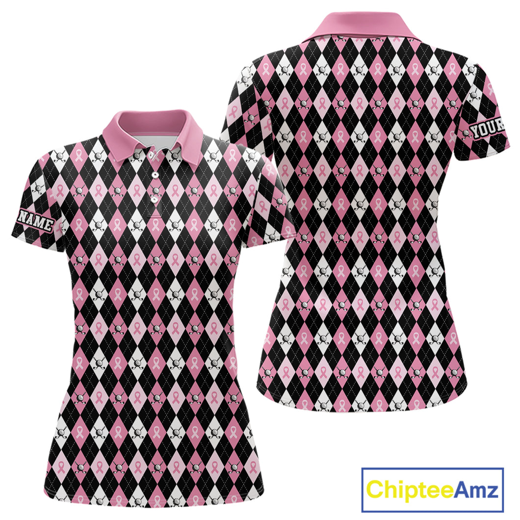 Black & Pink ribbons argyle pattern Women golf polo shirt Custom Breast Cancer Awareness golf outfit NQS10513