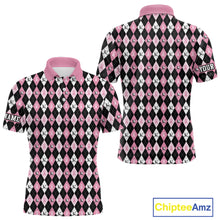 Load image into Gallery viewer, Black and Pink ribbons argyle pattern Mens golf polo shirt Custom Breast Cancer Awareness golf outfit NQS10513