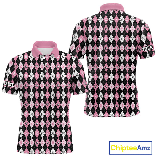 Black and Pink ribbons argyle pattern Mens golf polo shirt Custom Breast Cancer Awareness golf outfit NQS10513