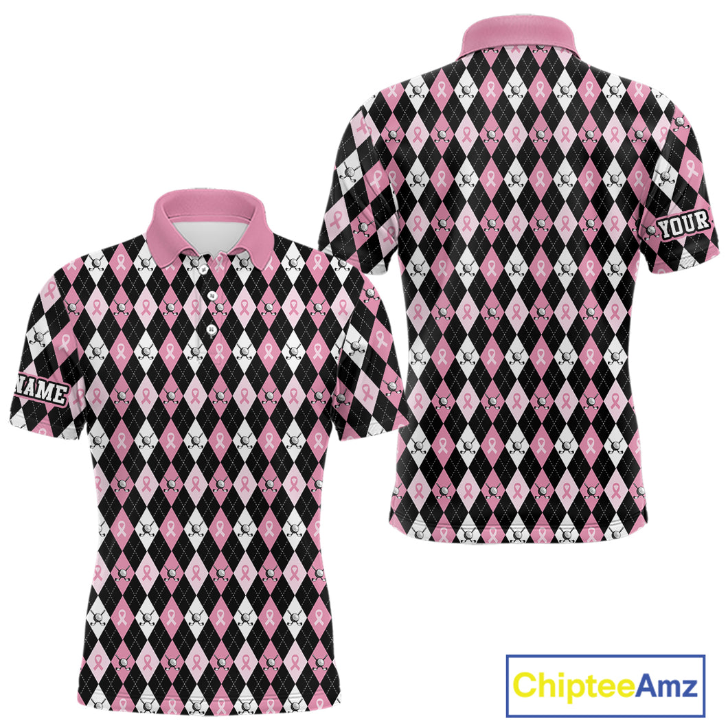 Black and Pink ribbons argyle pattern Mens golf polo shirt Custom Breast Cancer Awareness golf outfit NQS10513