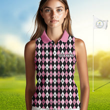 Load image into Gallery viewer, Black &amp; Pink ribbons argyle pattern Sleeveless polo shirt Custom Breast Cancer Awareness golf outfit NQS10513