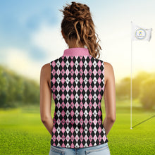Load image into Gallery viewer, Black &amp; Pink ribbons argyle pattern Sleeveless polo shirt Custom Breast Cancer Awareness golf outfit NQS10513
