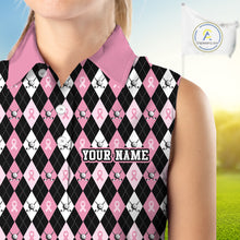 Load image into Gallery viewer, Black &amp; Pink ribbons argyle pattern Sleeveless polo shirt Custom Breast Cancer Awareness golf outfit NQS10513