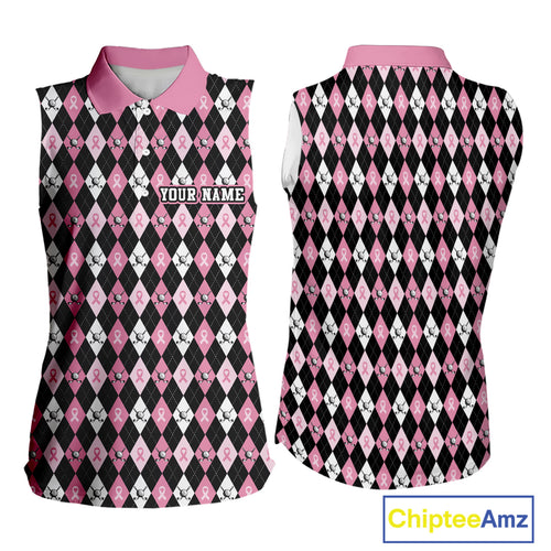 Black & Pink ribbons argyle pattern Sleeveless polo shirt Custom Breast Cancer Awareness golf outfit NQS10513