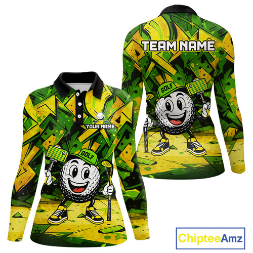 Green and Yellow camo funny golf ball Women golf polo shirts custom team golf outfits for ladies NQS10176