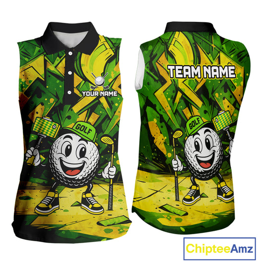 Green and Yellow camo funny golf ball Women sleeveless polo shirt custom team golf outfits for ladies NQS10176
