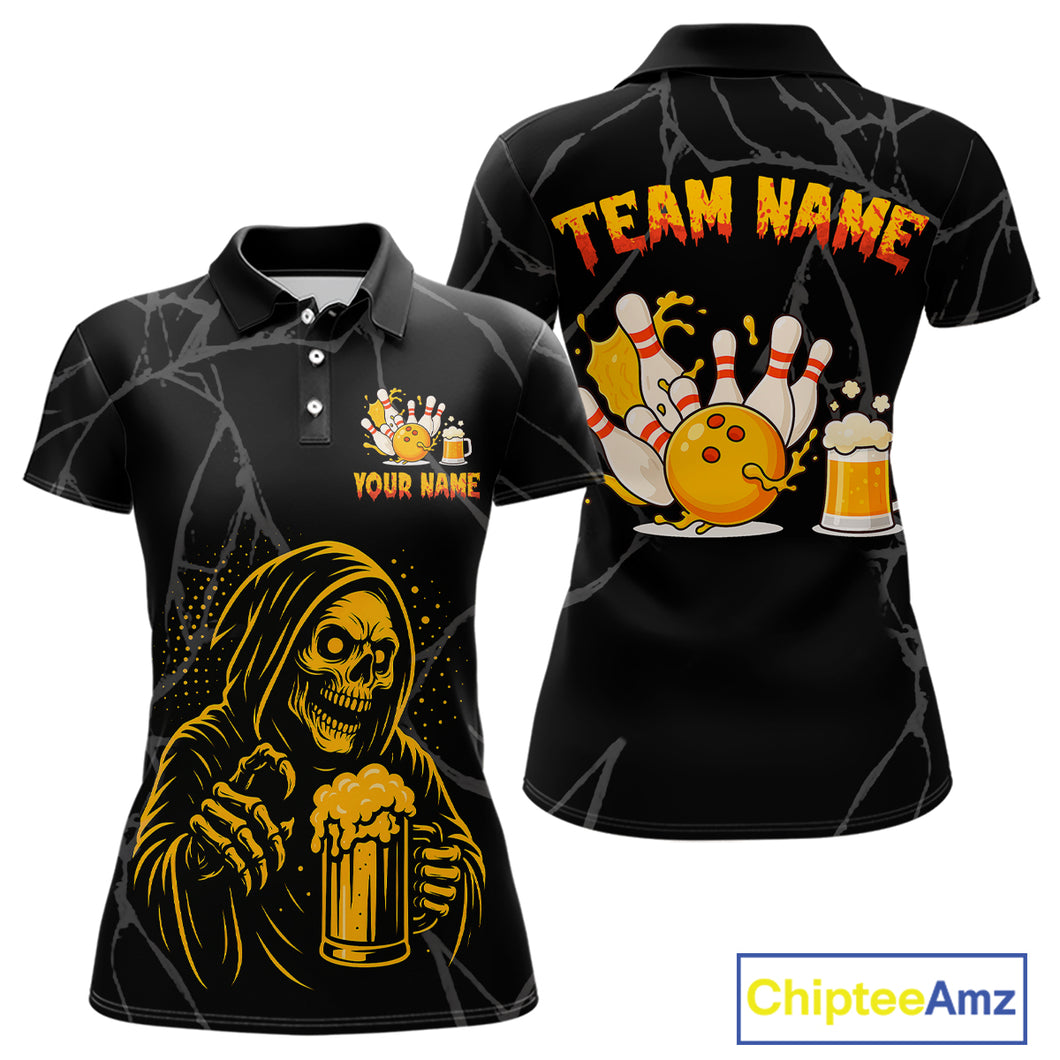 Bowling And Beer Custom Skull Bowling Shirts For Women, Halloween Bowling Outfits NQS10518