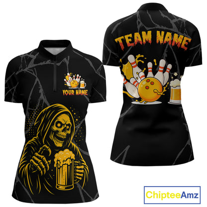 Bowling And Beer Custom Skull Bowling Shirts For Women, Halloween Bowling Outfits NQS10518
