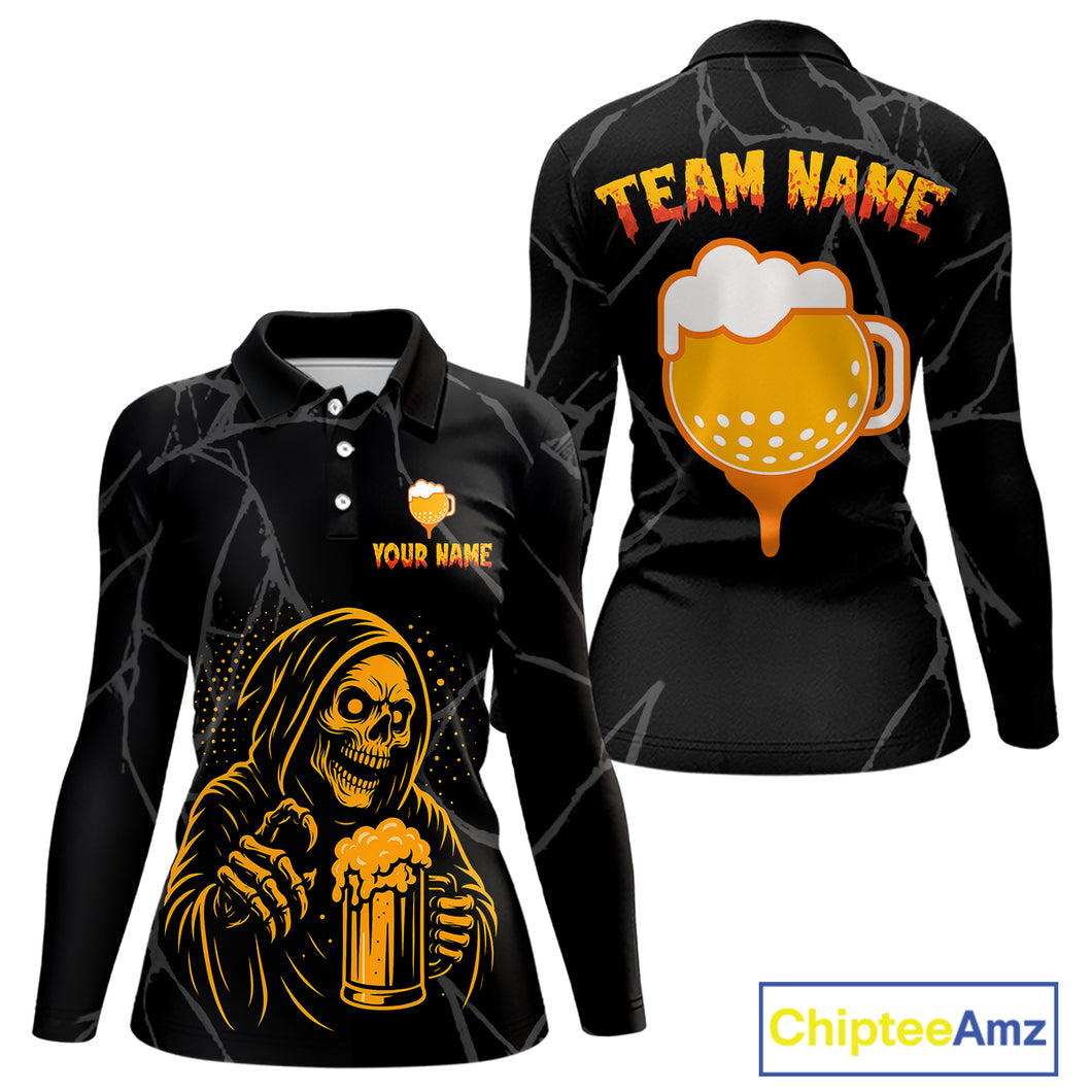 Golf and beer Women golf polo shirt Custom black and gold skull ladies golf attire Halloween outfit NQS10519