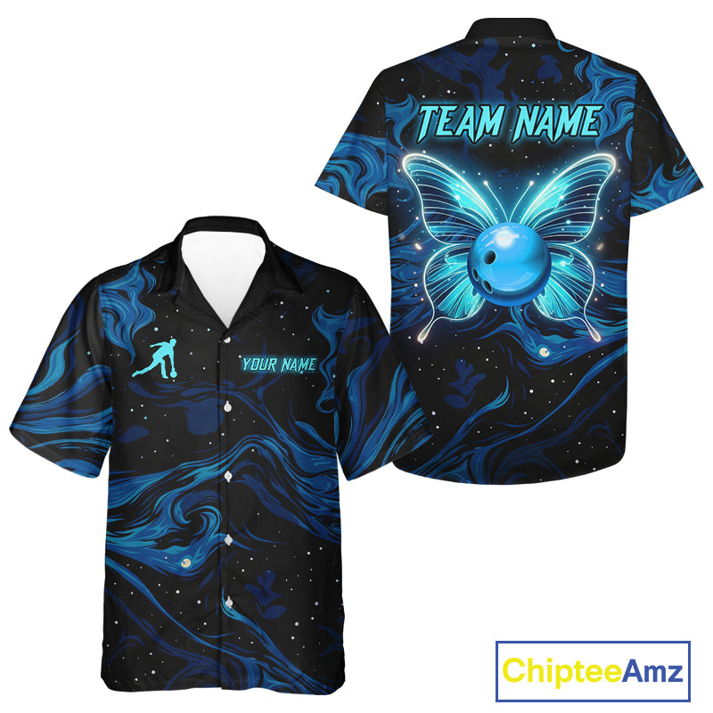 Blue Butterflies Bowling Hawaiian Shirt Custom Team Bowling League Jersey, Gift For Bowlers NQS10578