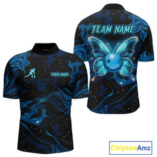 Load image into Gallery viewer, Blue Butterflies Bowling Polo, Quarter-Zip Shirts For Men Custom Team Bowling League Jersey NQS10578