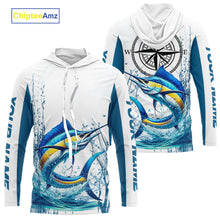Load image into Gallery viewer, Blue and White Marlin fishing compass Custom name sun protection Marlin fishing tournament shirts NQS10581