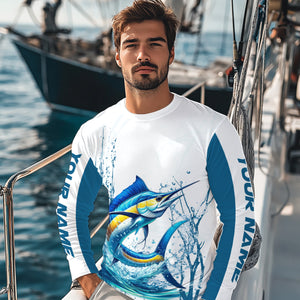 Blue and White Marlin fishing compass Custom name sun protection Marlin fishing tournament shirts NQS10581