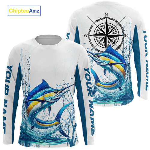 Blue and White Marlin fishing compass Custom name sun protection Marlin fishing tournament shirts NQS10581