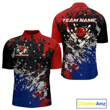 Load image into Gallery viewer, Red, White and Blue Camo Bowling Polo, Quarter Zip shirts for Men Custom Patriotic Gift For Bowlers NQS10589