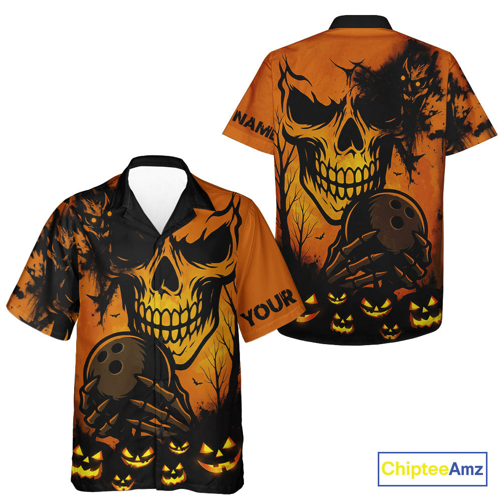 Custom Skull Bowling Button Up Shirts, Bowling Team Hawaiian Shirt Halloween Outfits NQS10618